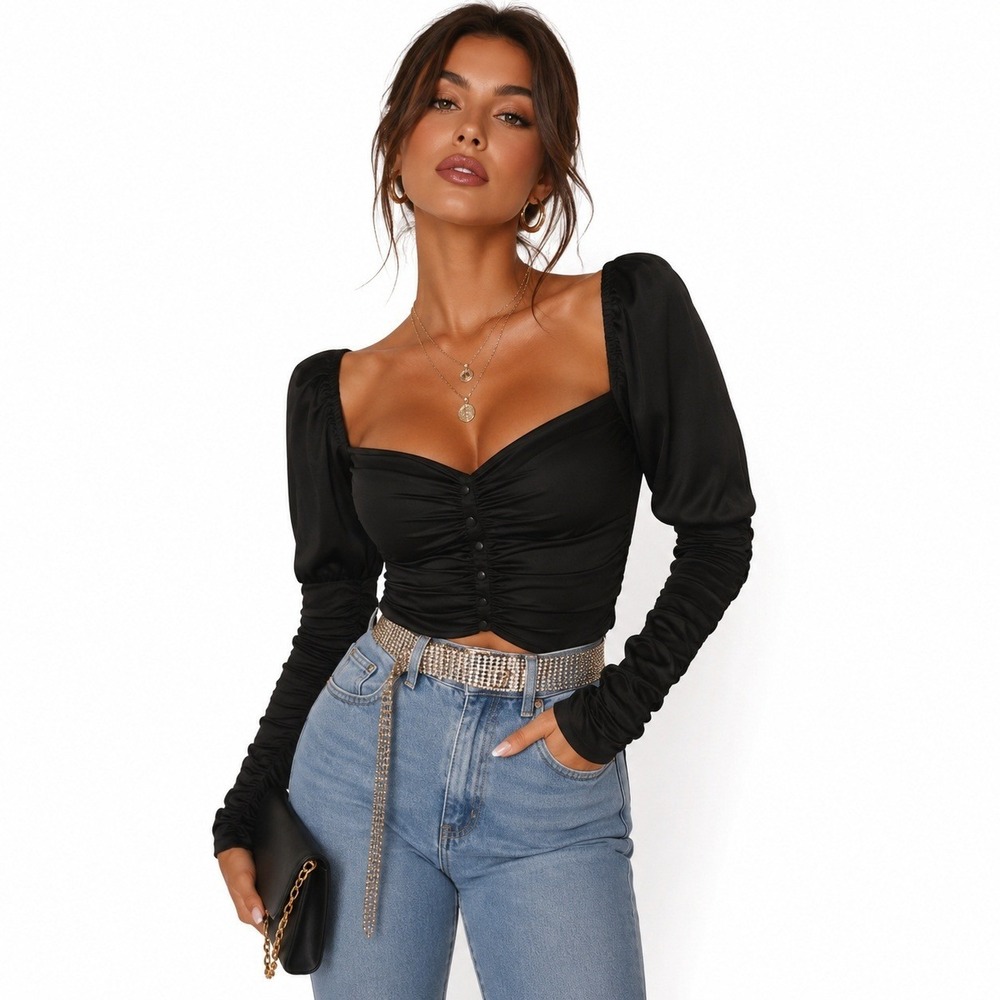 NWT Womens Ruched Satin Sweetheart Crop Top Solid Black Romantic Chic Size S